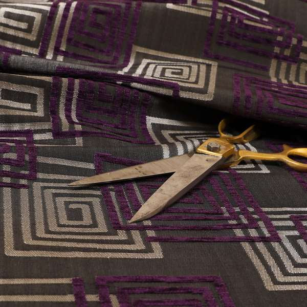 Tinto Shiny Finish Modern Geometric Pattern Chenille Upholstery Fabric In Purple Colour With Silver Grey Background MSS-23 - Made To Measure Curtains