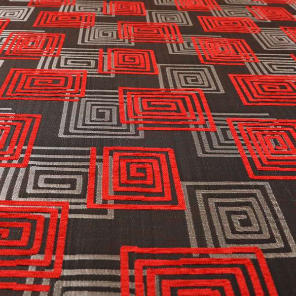 Tinto Shiny Finish Modern Geometric Pattern Chenille Upholstery Fabric In Red Colour With Silver Grey Background MSS-24 - Roman Blinds