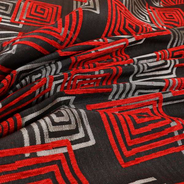 Tinto Shiny Finish Modern Geometric Pattern Chenille Upholstery Fabric In Red Colour With Silver Grey Background MSS-24