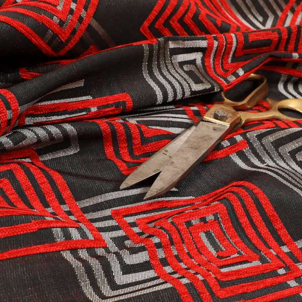 Tinto Shiny Finish Modern Geometric Pattern Chenille Upholstery Fabric In Red Colour With Silver Grey Background MSS-24