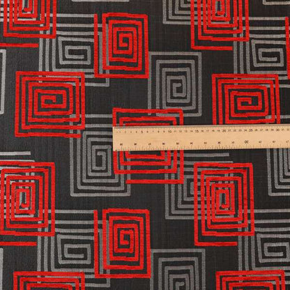 Tinto Shiny Finish Modern Geometric Pattern Chenille Upholstery Fabric In Red Colour With Silver Grey Background MSS-24