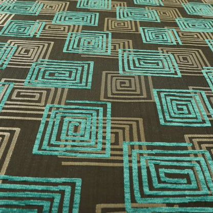 Tinto Shiny Finish Modern Geometric Pattern Chenille Upholstery Fabric In Blue Teal Colour With Silver Grey Background MSS-26