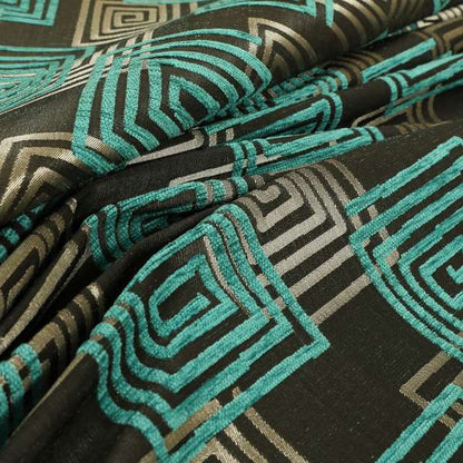 Tinto Shiny Finish Modern Geometric Pattern Chenille Upholstery Fabric In Blue Teal Colour With Silver Grey Background MSS-26 - Roman Blinds