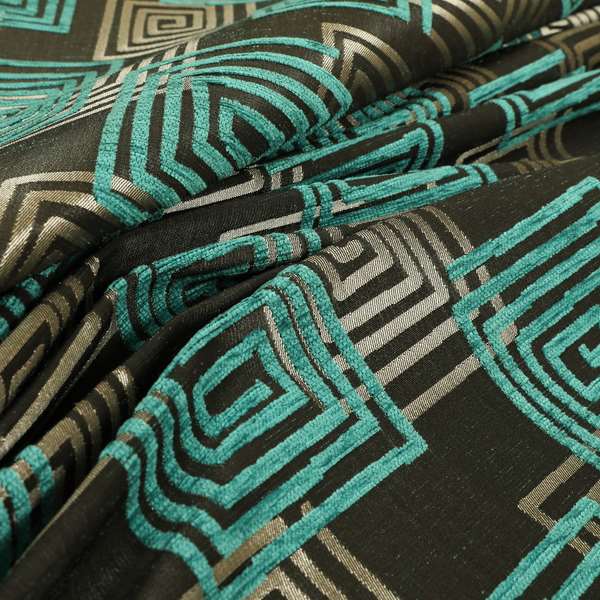 Tinto Shiny Finish Modern Geometric Pattern Chenille Upholstery Fabric In Blue Teal Colour With Silver Grey Background MSS-26