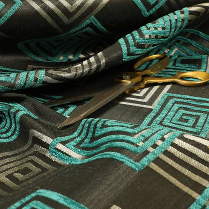 Tinto Shiny Finish Modern Geometric Pattern Chenille Upholstery Fabric In Blue Teal Colour With Silver Grey Background MSS-26 - Roman Blinds