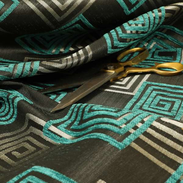 Tinto Shiny Finish Modern Geometric Pattern Chenille Upholstery Fabric In Blue Teal Colour With Silver Grey Background MSS-26