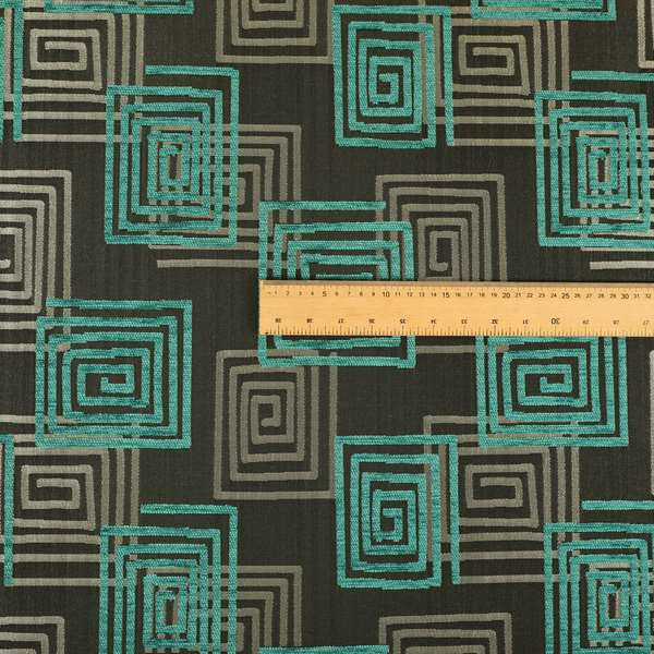 Tinto Shiny Finish Modern Geometric Pattern Chenille Upholstery Fabric In Blue Teal Colour With Silver Grey Background MSS-26 - Roman Blinds