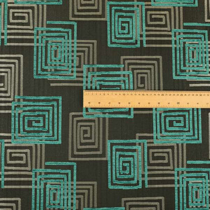 Tinto Shiny Finish Modern Geometric Pattern Chenille Upholstery Fabric In Blue Teal Colour With Silver Grey Background MSS-26