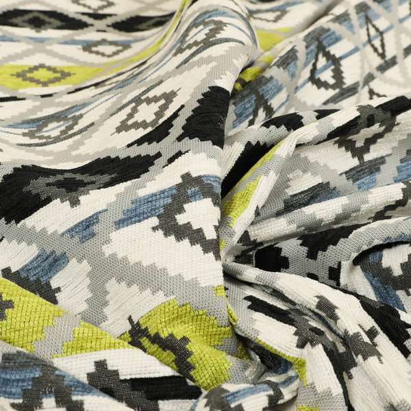Tutti Frutti Aztec Pattern Chenille Upholstery Fabric In Grey Black Green Colour MSS-27