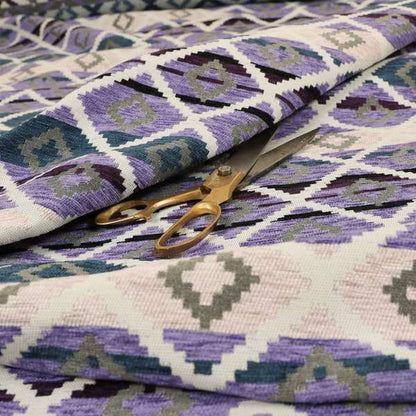 Tutti Frutti Aztec Pattern Chenille Upholstery Fabric In Purple Blue Colour MSS-28 - Made To Measure Curtains