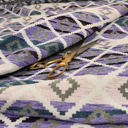Tutti Frutti Aztec Pattern Chenille Upholstery Fabric In Purple Blue Colour MSS-28