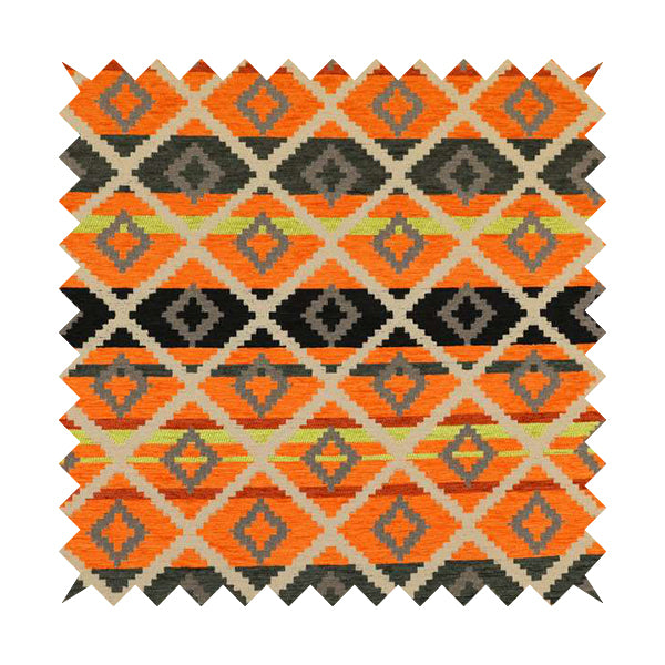 Tutti Frutti Aztec Pattern Chenille Upholstery Fabric In Orange Black Colour MSS-30 - Made To Measure Curtains