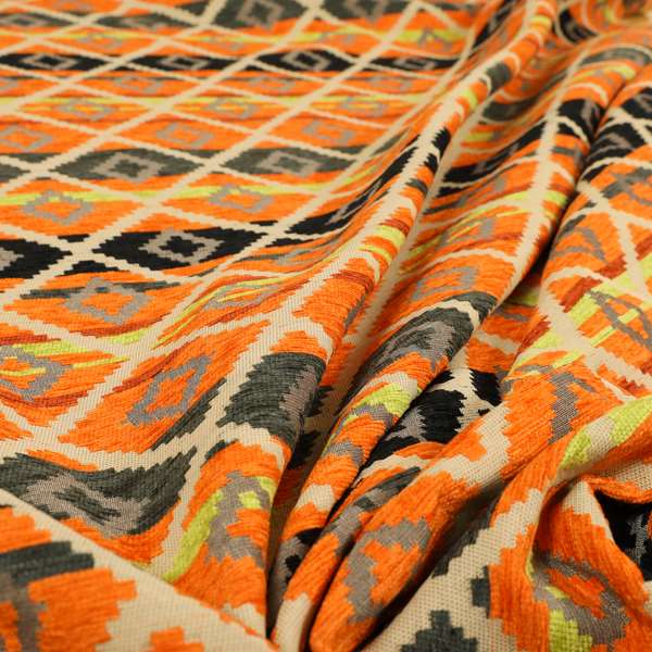 Tutti Frutti Aztec Pattern Chenille Upholstery Fabric In Orange Black Colour MSS-30