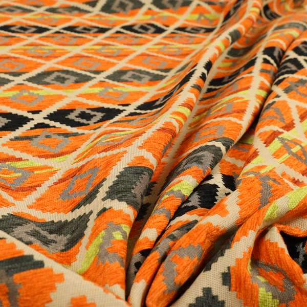 Tutti Frutti Aztec Pattern Chenille Upholstery Fabric In Orange Black Colour MSS-30 - Made To Measure Curtains