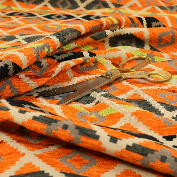 Tutti Frutti Aztec Pattern Chenille Upholstery Fabric In Orange Black Colour MSS-30 - Made To Measure Curtains