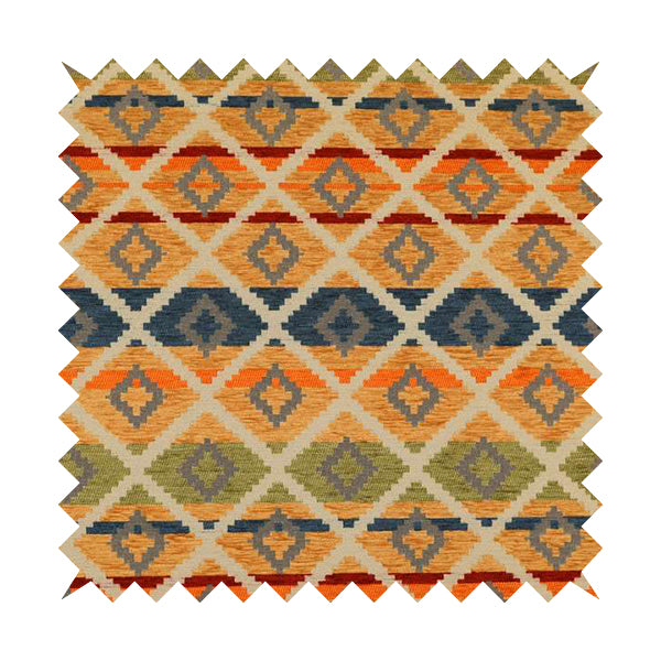 Tutti Frutti Aztec Pattern Chenille Upholstery Fabric In Orange Blue Red Green Colour MSS-31
