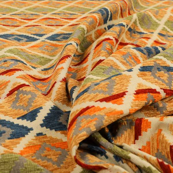 Tutti Frutti Aztec Pattern Chenille Upholstery Fabric In Orange Blue Red Green Colour MSS-31 - Roman Blinds