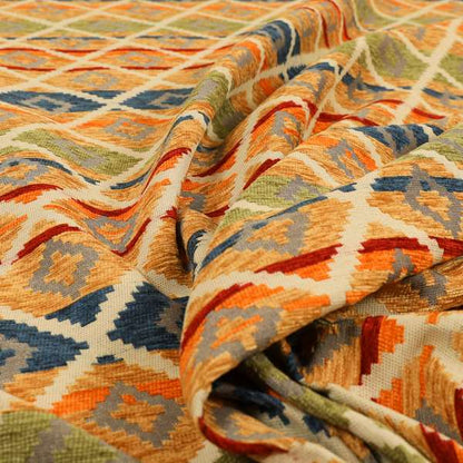 Tutti Frutti Aztec Pattern Chenille Upholstery Fabric In Orange Blue Red Green Colour MSS-31