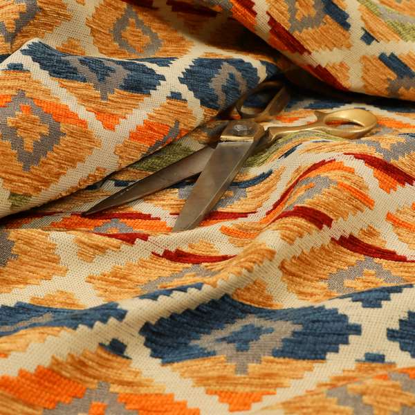 Tutti Frutti Aztec Pattern Chenille Upholstery Fabric In Orange Blue Red Green Colour MSS-31 - Made To Measure Curtains