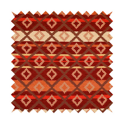 Tutti Frutti Aztec Pattern Chenille Upholstery Fabric In Orange Burgndy Red Colour MSS-32