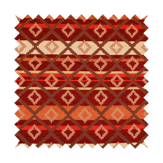 Tutti Frutti Aztec Pattern Chenille Upholstery Fabric In Orange Burgndy Red Colour MSS-32