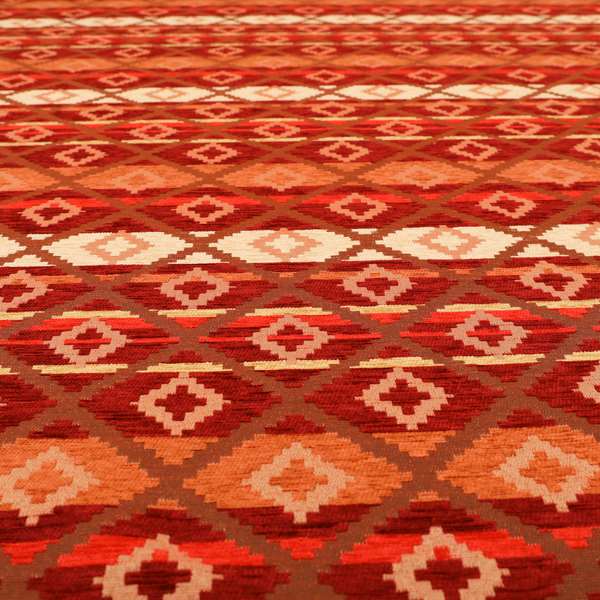 Tutti Frutti Aztec Pattern Chenille Upholstery Fabric In Orange Burgndy Red Colour MSS-32 - Made To Measure Curtains