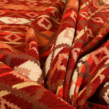 Tutti Frutti Aztec Pattern Chenille Upholstery Fabric In Orange Burgndy Red Colour MSS-32 - Made To Measure Curtains