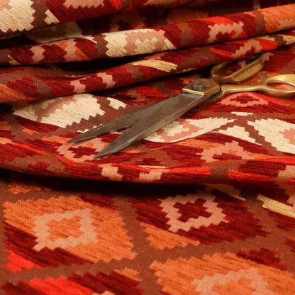 Tutti Frutti Aztec Pattern Chenille Upholstery Fabric In Orange Burgndy Red Colour MSS-32 - Roman Blinds