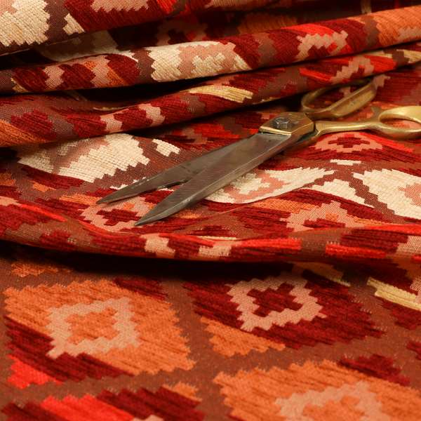 Tutti Frutti Aztec Pattern Chenille Upholstery Fabric In Orange Burgndy Red Colour MSS-32 - Made To Measure Curtains