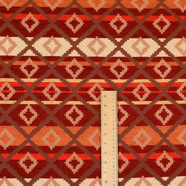 Tutti Frutti Aztec Pattern Chenille Upholstery Fabric In Orange Burgndy Red Colour MSS-32 - Made To Measure Curtains