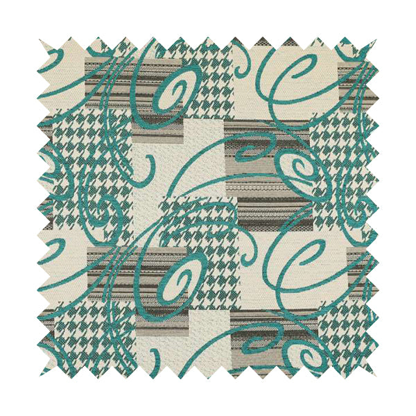 Kayu Patchwork Pattern Quality Chenille Upholstery Fabric In Blue Teal Colour MSS-33 - Made To Measure Curtains