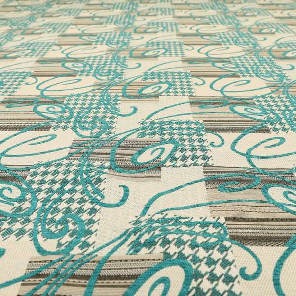 Kayu Patchwork Pattern Quality Chenille Upholstery Fabric In Blue Teal Colour MSS-33 - Made To Measure Curtains