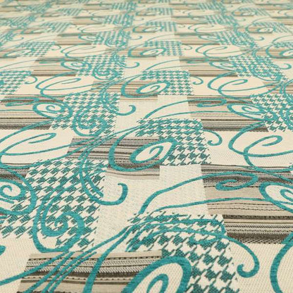 Kayu Patchwork Pattern Quality Chenille Upholstery Fabric In Blue Teal Colour MSS-33 - Made To Measure Curtains