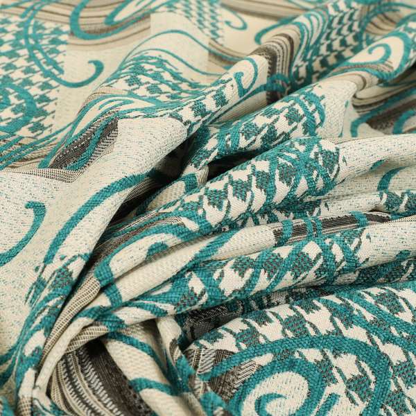 Kayu Patchwork Pattern Quality Chenille Upholstery Fabric In Blue Teal Colour MSS-33 - Handmade Cushions