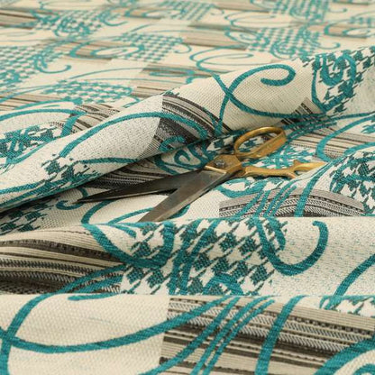 Kayu Patchwork Pattern Quality Chenille Upholstery Fabric In Blue Teal Colour MSS-33