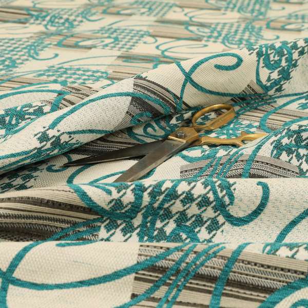 Kayu Patchwork Pattern Quality Chenille Upholstery Fabric In Blue Teal Colour MSS-33 - Handmade Cushions