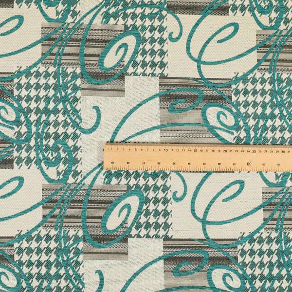 Kayu Patchwork Pattern Quality Chenille Upholstery Fabric In Blue Teal Colour MSS-33 - Made To Measure Curtains