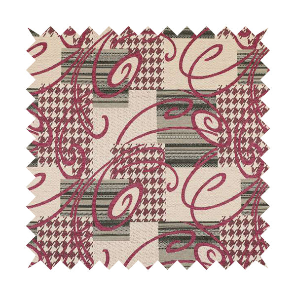 Kayu Patchwork Pattern Quality Chenille Upholstery Fabric In Pink Colour MSS-34 - Made To Measure Curtains