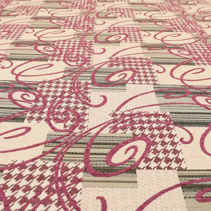 Kayu Patchwork Pattern Quality Chenille Upholstery Fabric In Pink Colour MSS-34