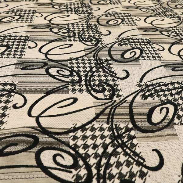 Kayu Patchwork Pattern Quality Chenille Upholstery Fabric In Black Colour MSS-36