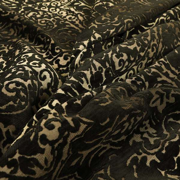 Impasto Floral Pattern Heavyweight Soft Chenille Upholstery Fabric In Black Colour MSS-49 - Made To Measure Curtains