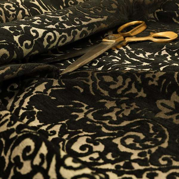 Impasto Floral Pattern Heavyweight Soft Chenille Upholstery Fabric In Black Colour MSS-49 - Made To Measure Curtains