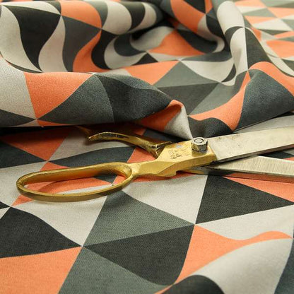 Monica Orange Grey White Black Colour Geometric Pattern Printed Soft Chenille Designer Fabric - Made To Measure Curtains