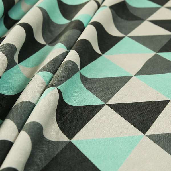 Monica Teal Grey White Black Colour Geometric Pattern Printed Soft Chenille Designer Fabric - Roman Blinds
