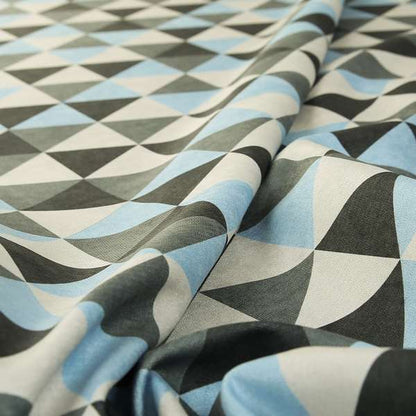 Monica Blue Grey White Black Colour Geometric Pattern Printed Soft Chenille Designer Fabric - Made To Measure Curtains