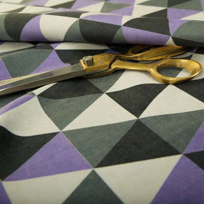 Monica Purple Grey White Black Colour Geometric Pattern Printed Soft Chenille Designer Fabric - Made To Measure Curtains