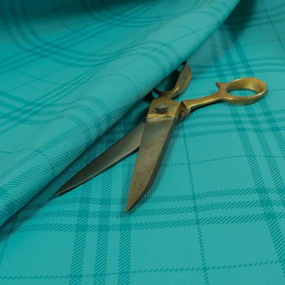 Nevis Tartan Checked Pattern Faux Leather In Teal Blue Colour Upholstery Fabric