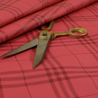 Nevis Tartan Checked Pattern Faux Leather In Deep Pink Colour Upholstery Fabric