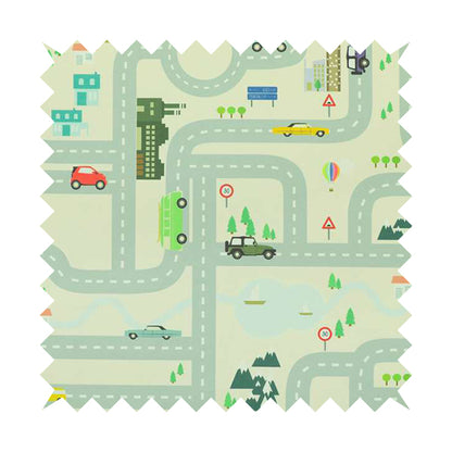 On The Road Map Children Play Mat Car Pattern Printed Upholstery Fabric In White - Made To Measure Curtains