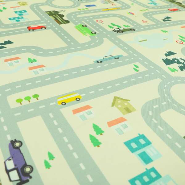 On The Road Map Children Play Mat Car Pattern Printed Upholstery Fabric In White - Roman Blinds